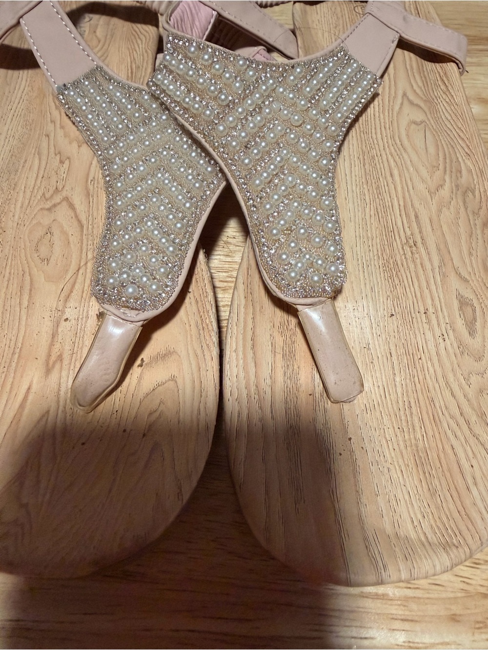 Ashley Blue Nude Pearl & Rhinestone Thong Sandals